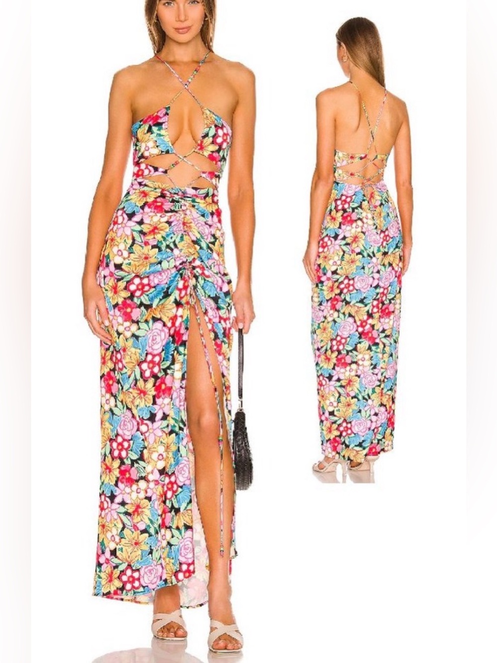 NWT For Love & Lemons Mallory Lace-up Floral Maxi Dress, Small